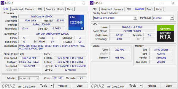 인텔 12세대 i9-12900K CPU와 RTX4000 그래픽카드 탑재