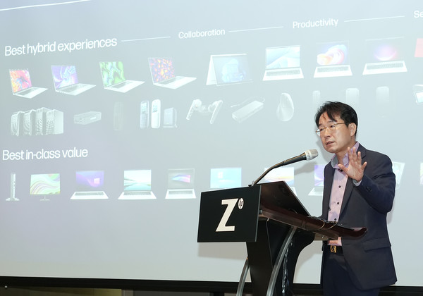 소병홍 HP 퍼스널 시스템 카테고리 전무가 HP 비즈니스 워크스테이션 신제품 출시 기자 간담회에서기업용 PC 사업 및 지속가능성 전략을 설명하고 있다.